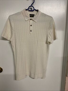 Massimo Dutti White Cable Knit Short-Sleeve Polo